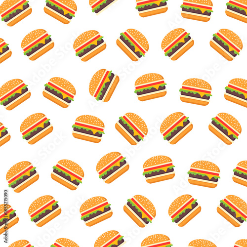 Seamless pattern with burgers. Bright colorful vector pattern with burgers in flat style. Seamless pattern with hamburgers for packaging, texture and printing. Background for cafe and fast food.