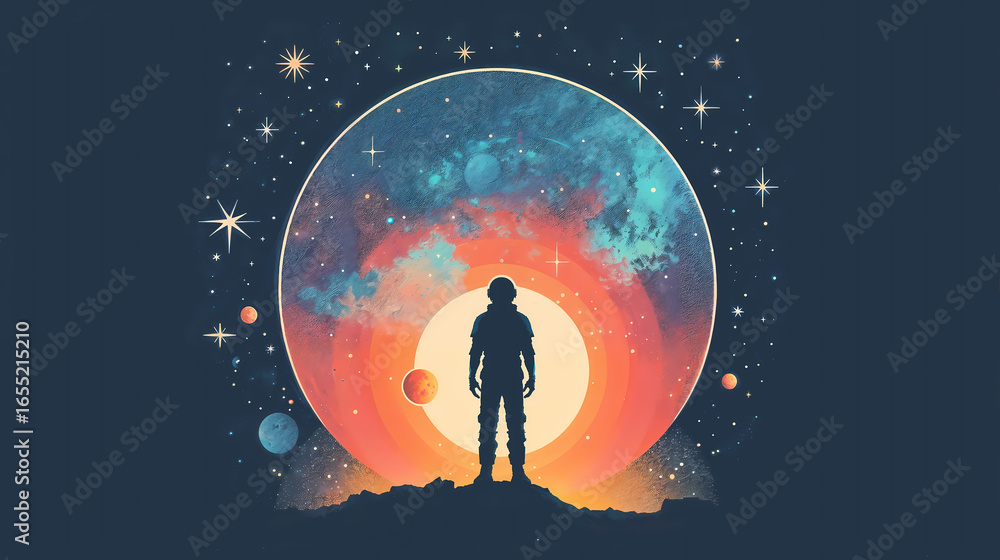 Obraz premium T-shirt print. A lone astronaut representing space exploration against a backdrop of a bright galaxy and stars.