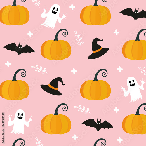 Cute Halloween pattern with ghosts, bats, hats and pumpkins on pink background. Vector flying Halloween characters. Kawaii ghost pattern for fabric texture, decor, wrapping paper.