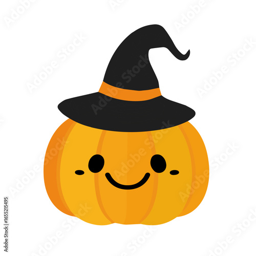 Halloween pumpkin with a witch hat on a white background. Traditional Halloween symbol - a funny pumpkin in a mysterious hat in the style of a children's cartoon. For postcards and posters.