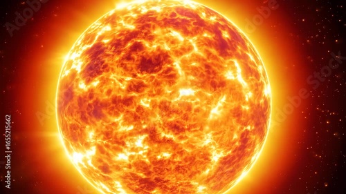 3D animated sun with intense surface turbulence, coronal flares and fire arcs rotating slowly