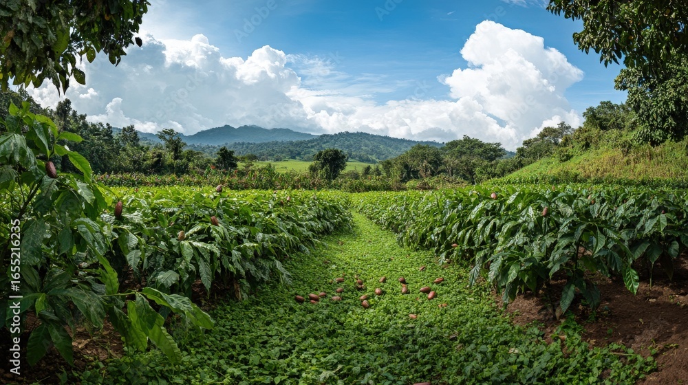 Obraz premium Lush coffee plantation stretches across a valley under a vibrant sky.
