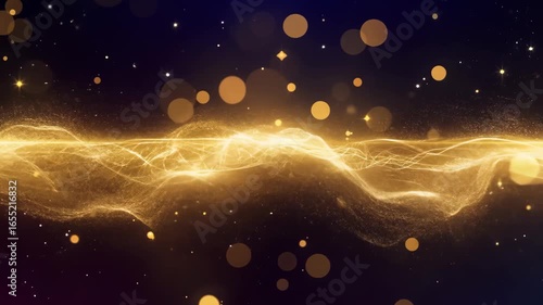 Futuristic floating gold dust particles streaming horizontally with motion blur,