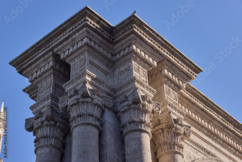 A refined architectural detail of the arc columns of Arequipa’s majestic Cathedral, showcasing the elegance of its neoclassical design