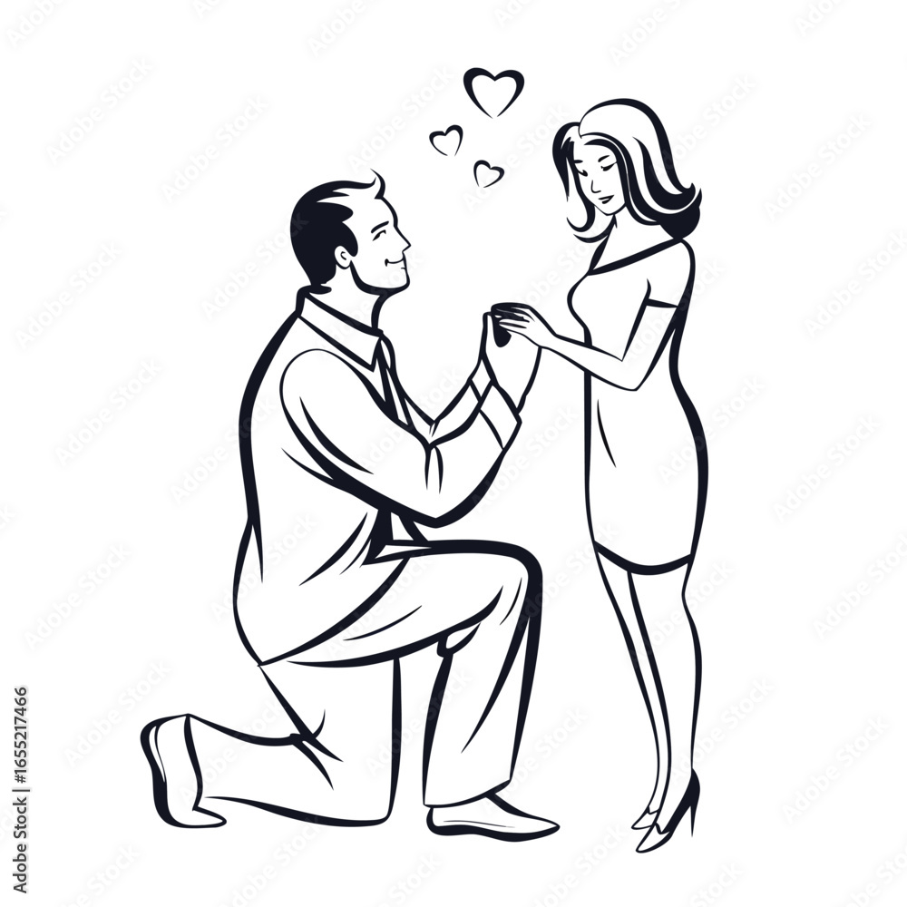 Fototapeta premium Charming Proposal Illustration A Man Kneels Offering a Ring to an Elegant Woman Surrounded by Symbolic Hearts of Love