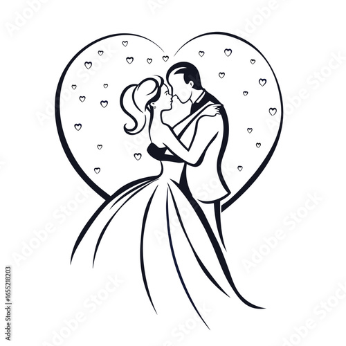 Elegant Silhouette of a Romantic Wedding Celebration with Hearts Around a Couple in Love Ready to Kiss