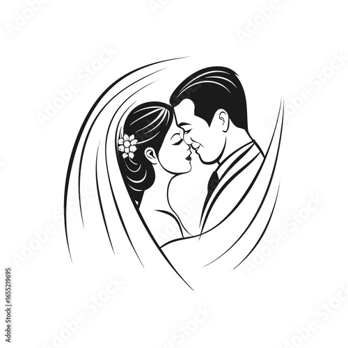 Elegant Wedding Day Embrace A Stylish Bride and Groom Portrait Black and White Serene Romance and Eternal Love