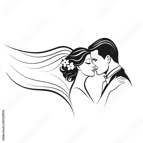 Elegant Wedding Day Embrace A Stylish Bride and Groom Portrait Black and White Serene Romance and Eternal Love