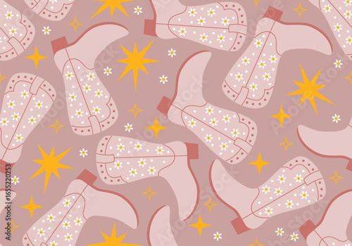 Seamless pattern with Cowboy fashion elements. Cowgirl boots. Cowboy western and wild west theme. Rodeo design. Country music