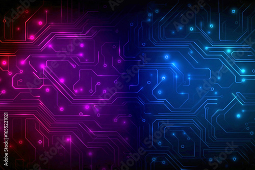 Futuristic glowing circuit board with purple blue neon lines
