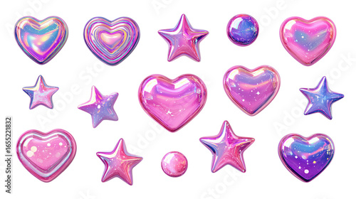 Pink 3D vector icon set with holographic hearts and stars - isolated on transparent background 