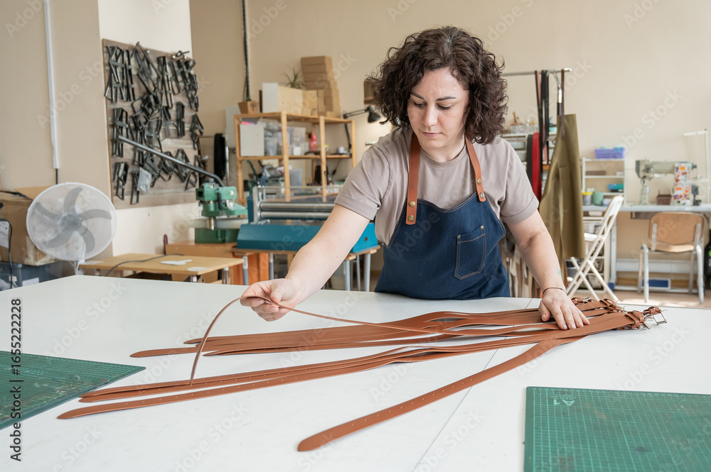 Obraz premium Caucasian woman makes belts from genuine leather in a workshop. 