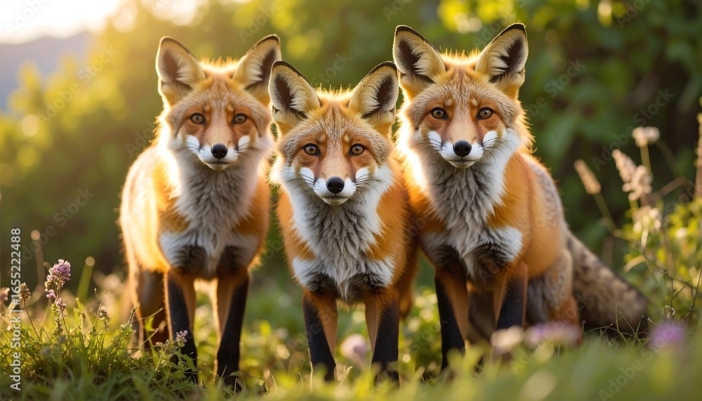Fototapeta premium Three red foxes in a meadow at sunset