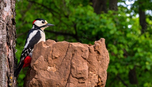 A great spotted woodpecker perches on a reddish-brown rock, a natural backdrop of lush green foliage, showcasing nature's vibrant colors and wildlife.