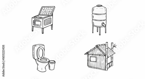 Illustrations of essential household items including toilet and water tank  