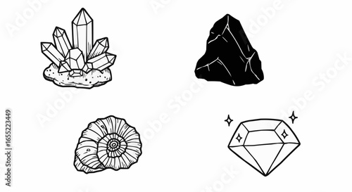 Hand-drawn illustrations of various crystals and gemstones  