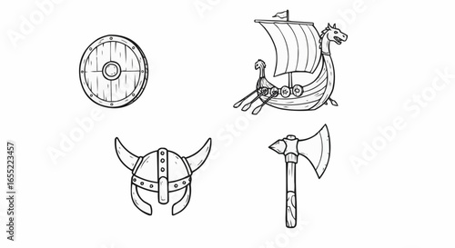 Viking ship, shield, helmet, and axe in simple line art style  