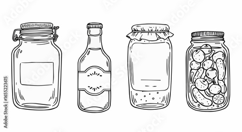 Sketches of various glass jars with different contents and lids  