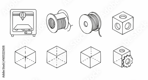 3D printer, spools of filament, and geometric shapes in line art  