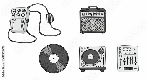 Music equipment including amplifier, turntable, and vinyl record  