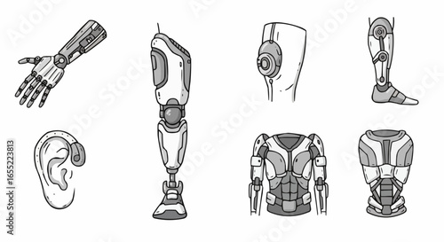 Various designs of robotic prosthetics and body parts sketches  