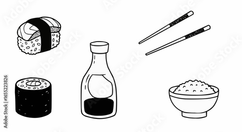 Sushi and rice with soy sauce and chopsticks in minimalist style  
