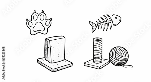 Cat toys and accessories including scratching post and fish  