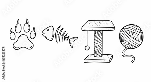 Pet related doodles including paw print, fish, scratching post, and yarn  