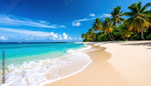 Fototapeta Naklejka Na Ścianę i Meble -  A serene tropical beach scene showcases a pristine white sand beach, turquoise water, and lush palm trees under a vibrant blue sky.