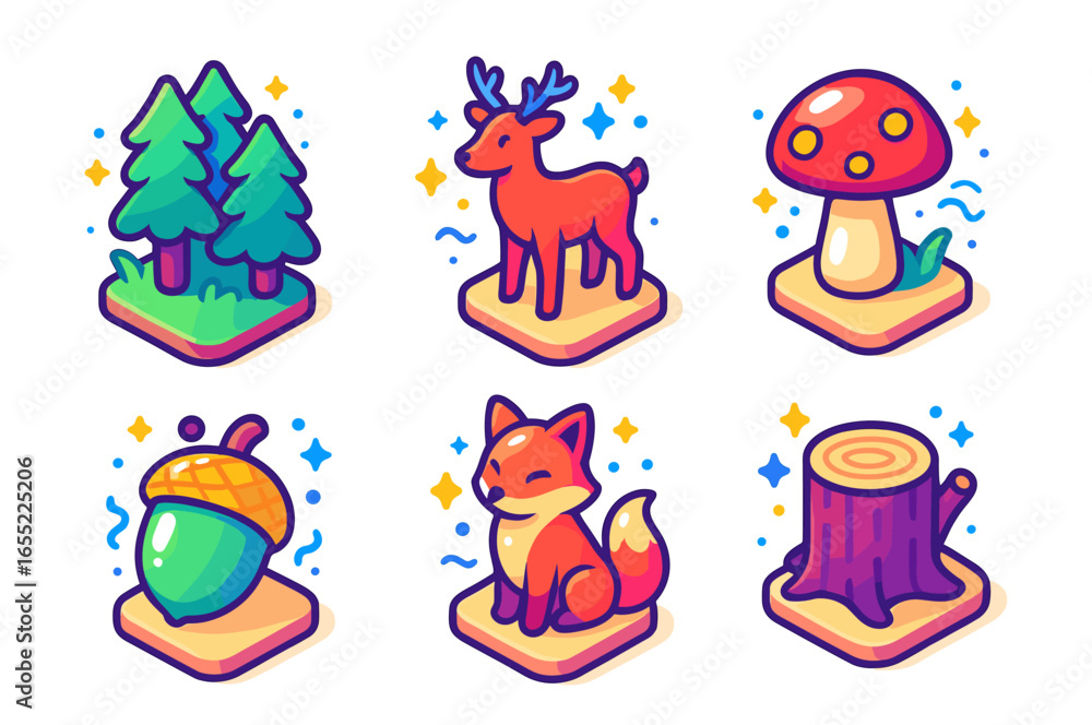 Fototapeta premium Colorful forest icons: deer, fox, mushrooms, trees, acorn, and tree stump