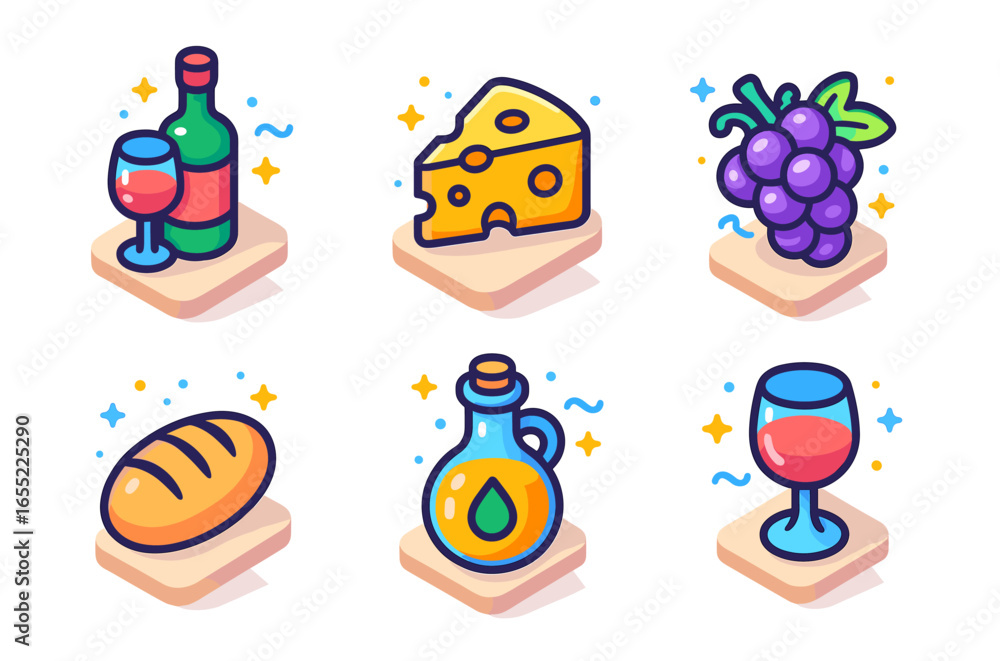 Fototapeta premium Set of iconic food and drink illustrations featuring wine, cheese, grapes, bread, and oil