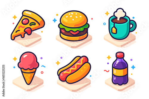 Colorful icon set of pizza, burger, hot dog, ice cream, tea, and soda bottle