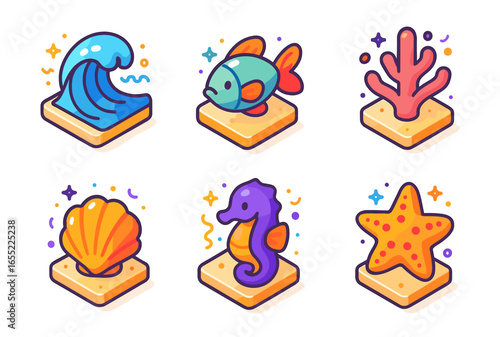 Colorful cartoon sea-themed icons featuring fish, seahorse, starfish, wave, coral, and shell