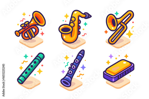 Colorful musical instruments set with trumpet saxophone clarinet flute harmonica trombone