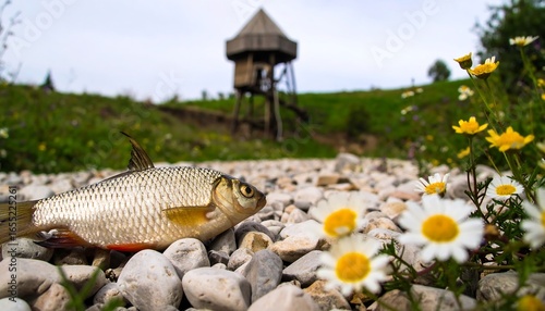 A caught fish rests on a gravel bank, surrounded by wildflowers and a rustic wooden structure in the background.