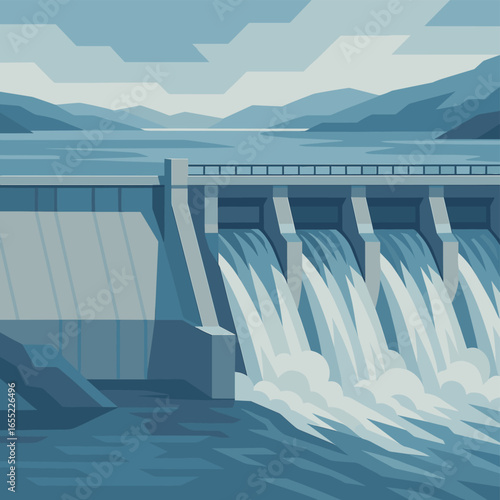 Majestic dam landscape with overflowing water in flat design