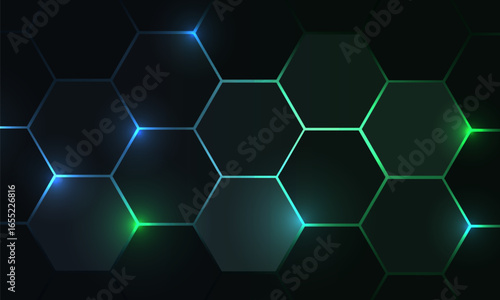 Dark hexagonal gaming abstract vector background with blue and pink colored bright flashes. Futuristic technology cyber game and esports hexagon background.