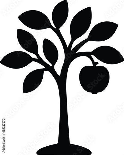 Vector Illustrator Apple tree with leaves and single fruit Silhouette
