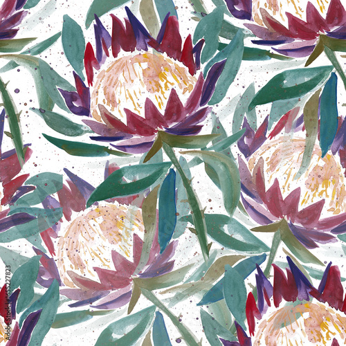 Fotografie Watercolor Protea Seamless Pattern, Abstract Floral Garden Repeat, Hand-painted