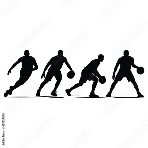 Four basketball players dribbling silhouette