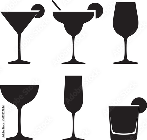 Assorted cocktail glasses with garnishes martini margarita