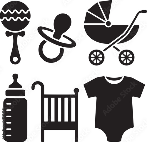 Baby items rattle pacifier stroller bottle crib onesie vector