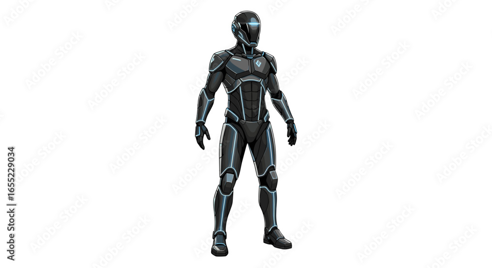 Full body view of a futuristic black armored suit with glowing blue lines standing on a white background on transparent background Full body view of a futuristic black armored suit with glowing blue lines standing on a white background on transparent background