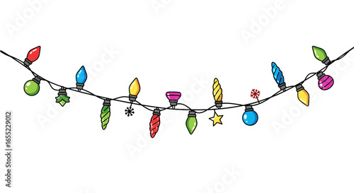 Illustration of a string of christmas lights with various shapes and colors hanging on a black wire line on transparent background