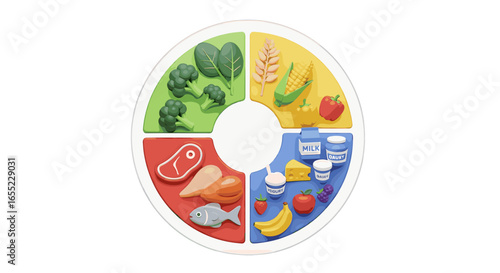 Illustration of a divided plate with food groups including vegetables grains protein and dairy products on transparent background