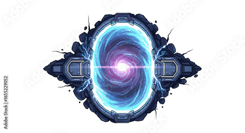 Illustration of a swirling galaxy portal with a bright center framed by a stone and metal structure on transparent background