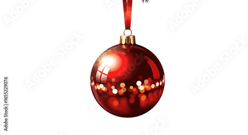 A shiny red christmas ornament hanging from a tree branch with a red ribbon on a white background scene on transparent background