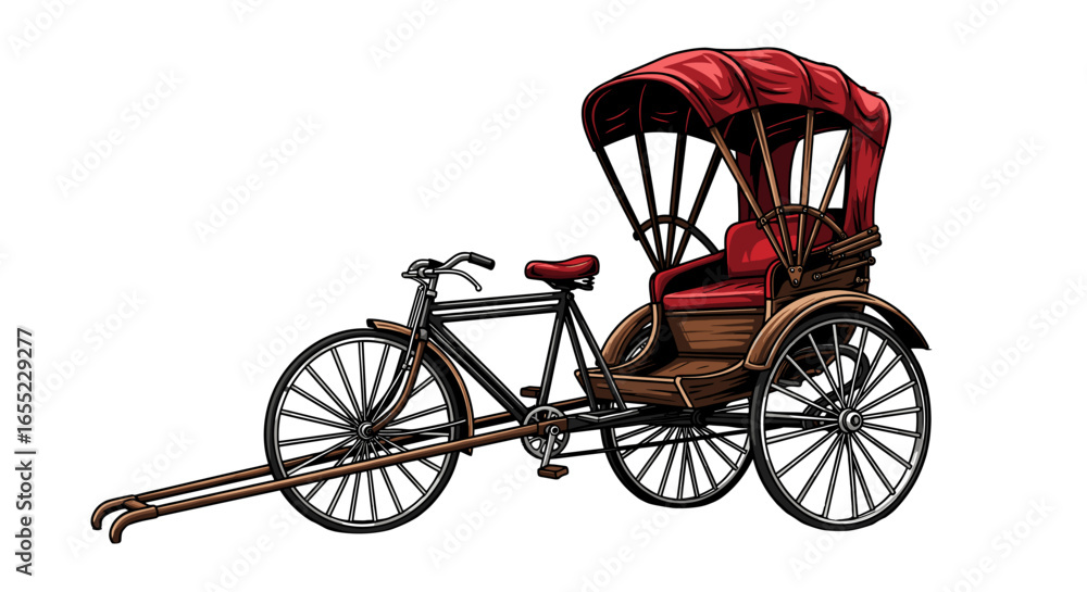 Fototapeta premium Illustration of a vintage rickshaw with a red canopy and black frame on a white background view from side on transparent background