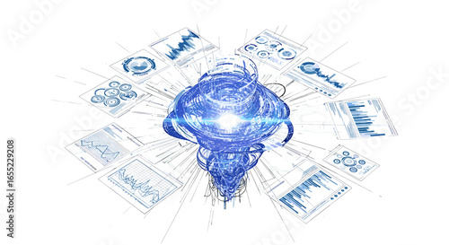 Futuristic data hub with glowing core surrounded by scattered informational charts and graphs displayed on transparent background