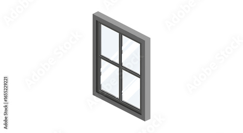 Isometric view of a gray framed window with four panes and a simple, clean design on a white background on transparent background